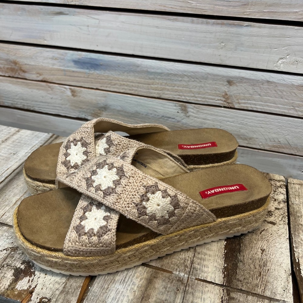 Unionbay Tan Crochet Platform Slides Boho Daisy Sandals Granny Square Size 10M